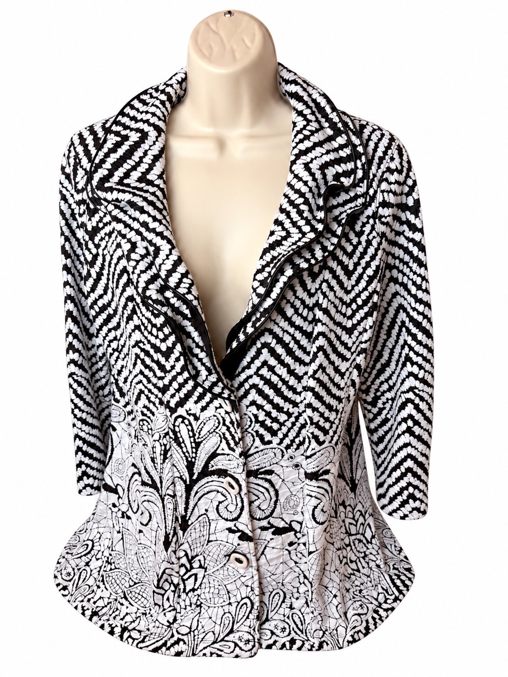 Ali Miles L Black White Chevron Floral Ruffle Collar Art to Wear Jacket